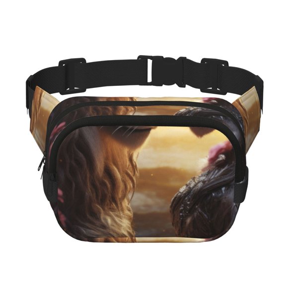 Rateoe Romantic Flower Lion Couple Print Fanny Pack Belt Bag for Women and Men, Square Double-Layer Waterproof Waist Pack with Adjustable Strap for Hiking, Jogging, Cycling