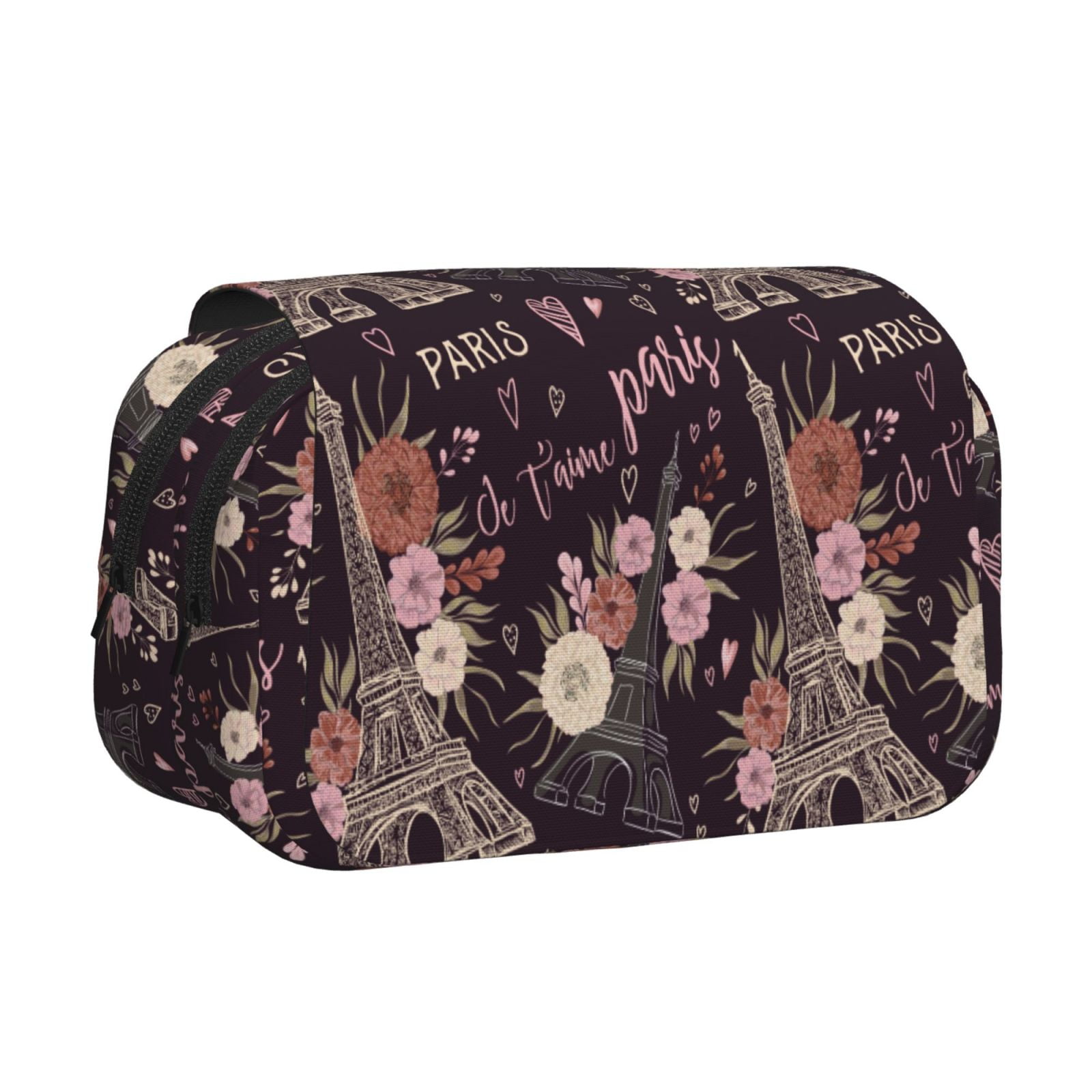 Rateoe Romantic Paris Pattern Double Clamshell Pen Case, Storage Organizer with Two Zipper Compartments– Holds Up to 50 Pencils & Pens