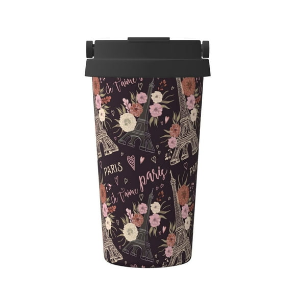 Rateoe Romantic Paris Pattern Travel Coffee Mug Tumbler with Flip Lid | Reusable Insulated Stainless Steel Cold Brew Iced Coffee Cup Thermos