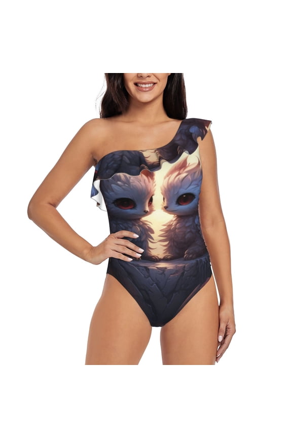 Romantic Rose Animal Couple Pattern Women One Piece Swimsuits Tummy Control One Shoulder Bathing Suits Ruffle Swimwear-Large