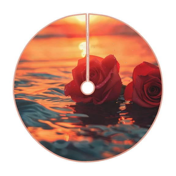 Rateoe Romantic Roses Sunset Ocean Pattern Christmas Tree Skirt with Ties, Christmas Tree Decorations, Farmhouse Christmas Decor Xmas Holiday Decorations-48"