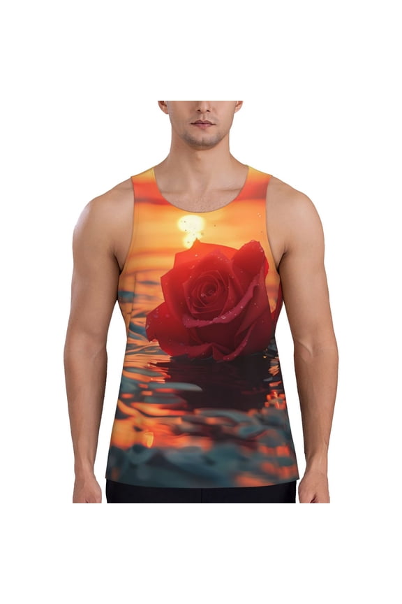 Romantic Roses Sunset Ocean Pattern Sleeveless Gym Shirt Muscle Tee Breathable Workout Shirt Slim-Fit Tank Quick Dry Fit Muscle Tank Top Bodybuilding Sleeveless T Shirt-3X-Large