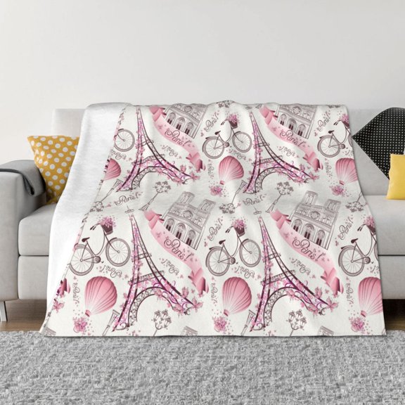 Rateoe Romantic Travel In Paris Pattern Flannel Throw Blanket, Ultra-soft Blanket for Bed, Couch, Car, Hypoallergenic Anti-pilling blanket-