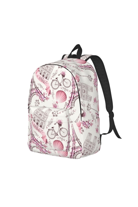 Romantic Travel In Paris Pattern Durable Canvas Backpack for Men & Women – Stylish & Lightweight – Adjustable Straps, Multiple Pockets – Fits 15-17 Inch LaptopsSmall
