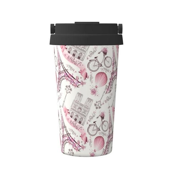 Rateoe Romantic Travel In Paris Pattern Travel Coffee Mug Tumbler with Flip Lid | Reusable Insulated Stainless Steel Cold Brew Iced Coffee Cup Thermos
