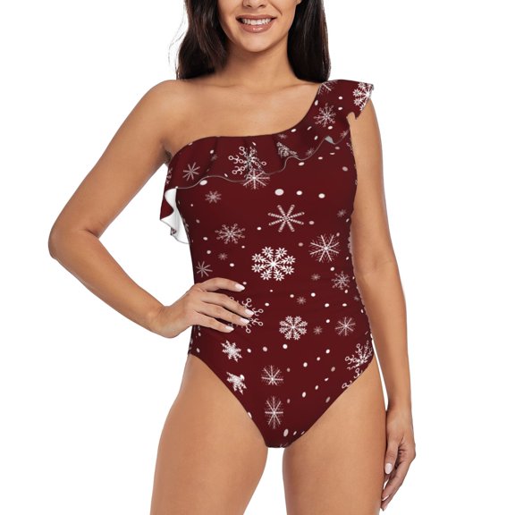 Rateoe Romantic white snowflakes Pattern Women One Piece Swimsuits Tummy Control One Shoulder Bathing Suits Ruffle Swimwear-Medium