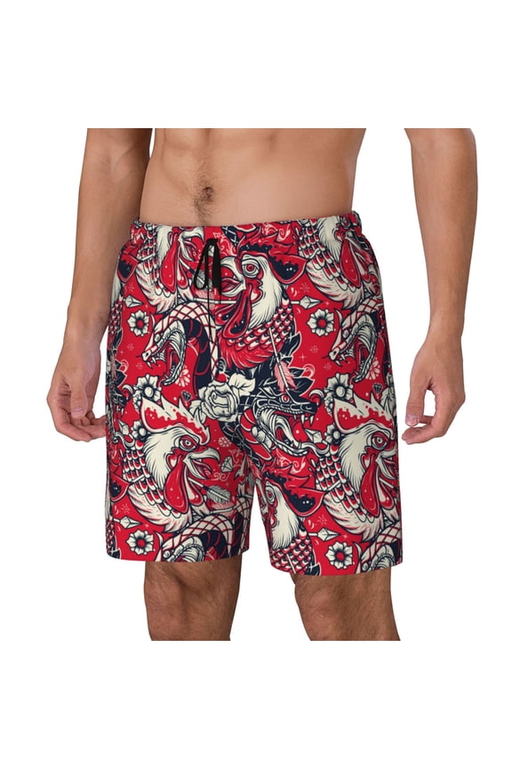 Rooster Head Pattern Men’s Swim Shorts with Compression Liner – Double-Layered Quick-Dry Swimwear, Comfortable & Stretchy Beach Shorts-XX-Large