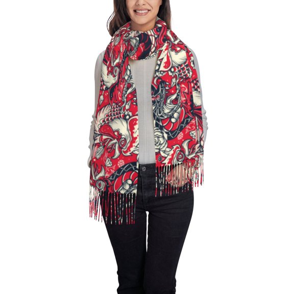 Rateoe Rooster Head Women's Traditional Scarf Wrap Tassel Shawl Fringes Neck Head Shawl Retro Scarf