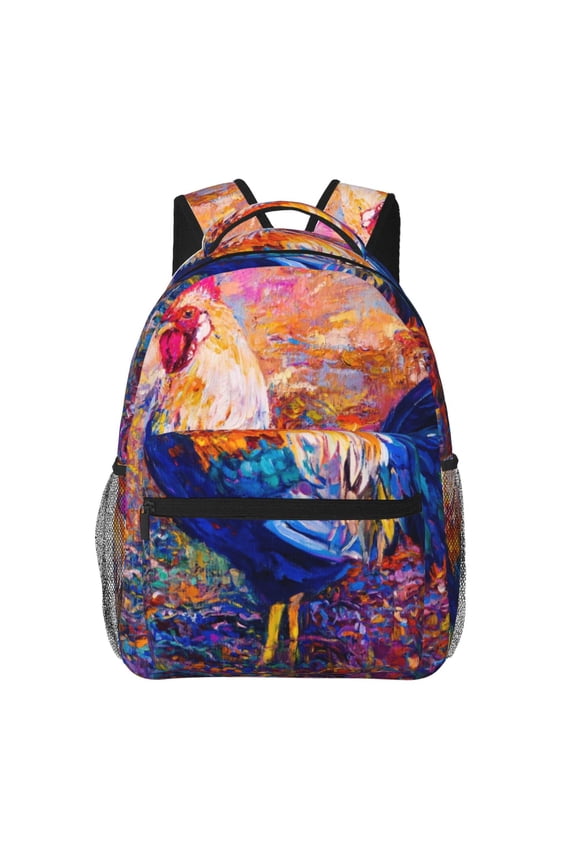 Rooster Oil Painting Pattern Casual Backpack for School, Work, Travel Adjustable Straps, Multiple Compartments Ergonomic Design, Fits Laptops and Tablets