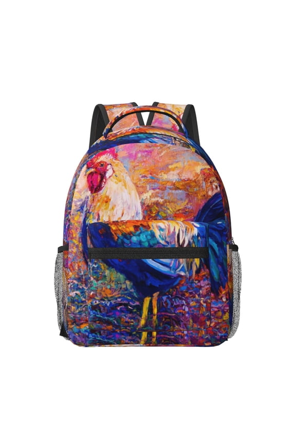 Rooster Oil Painting Pattern Durable Student Backpack Laptop Bag- Ergonomic Design, Waterproof Twill Fabric - Ideal for School, Travel, and Outdoor Activities