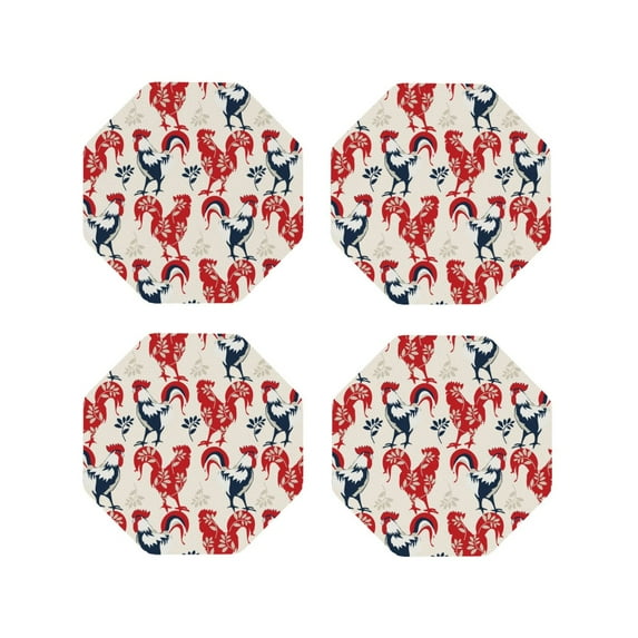 Rateoe Roosters Drawing Drink Coasters Set of 4 Leather Coasters Spill Protection for Table Desk,Durable and Non Slip Leather Coaster ,4 Inches Drink Mats-Octagon