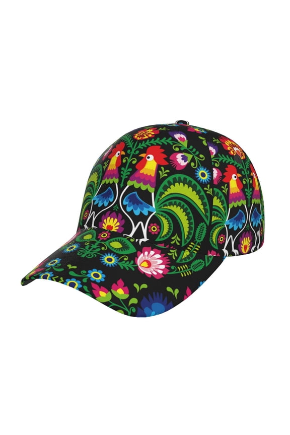 Roosters and Flowers Pattern Mens Baseball Cap  Adjustable Curved Brim Hat, Soft Cotton Sports Cap for Outdoor, Casual, and Everyday Wear, Comfortable & Breathable