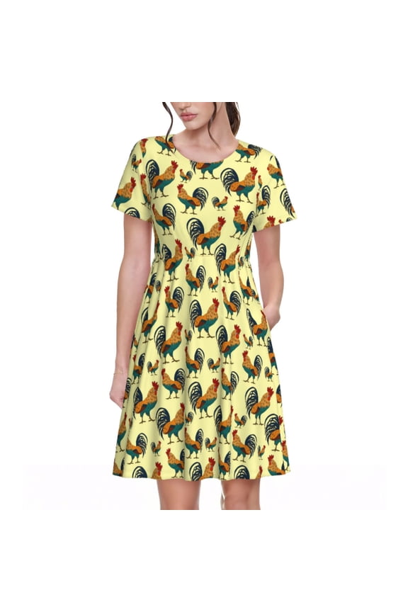 Roosters In Farm Pattern Women’s Short Sleeve Dress – Casual Elegant Summer A-Line Dress for Everyday Wear