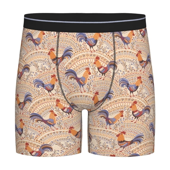 Rateoe Roosters In Floral Print Men’s Underwear Boxer Briefs Soft Comfortable Underwear Boxer Briefs, Long Leg Briefs,Anti-chafing Boxer Briefs