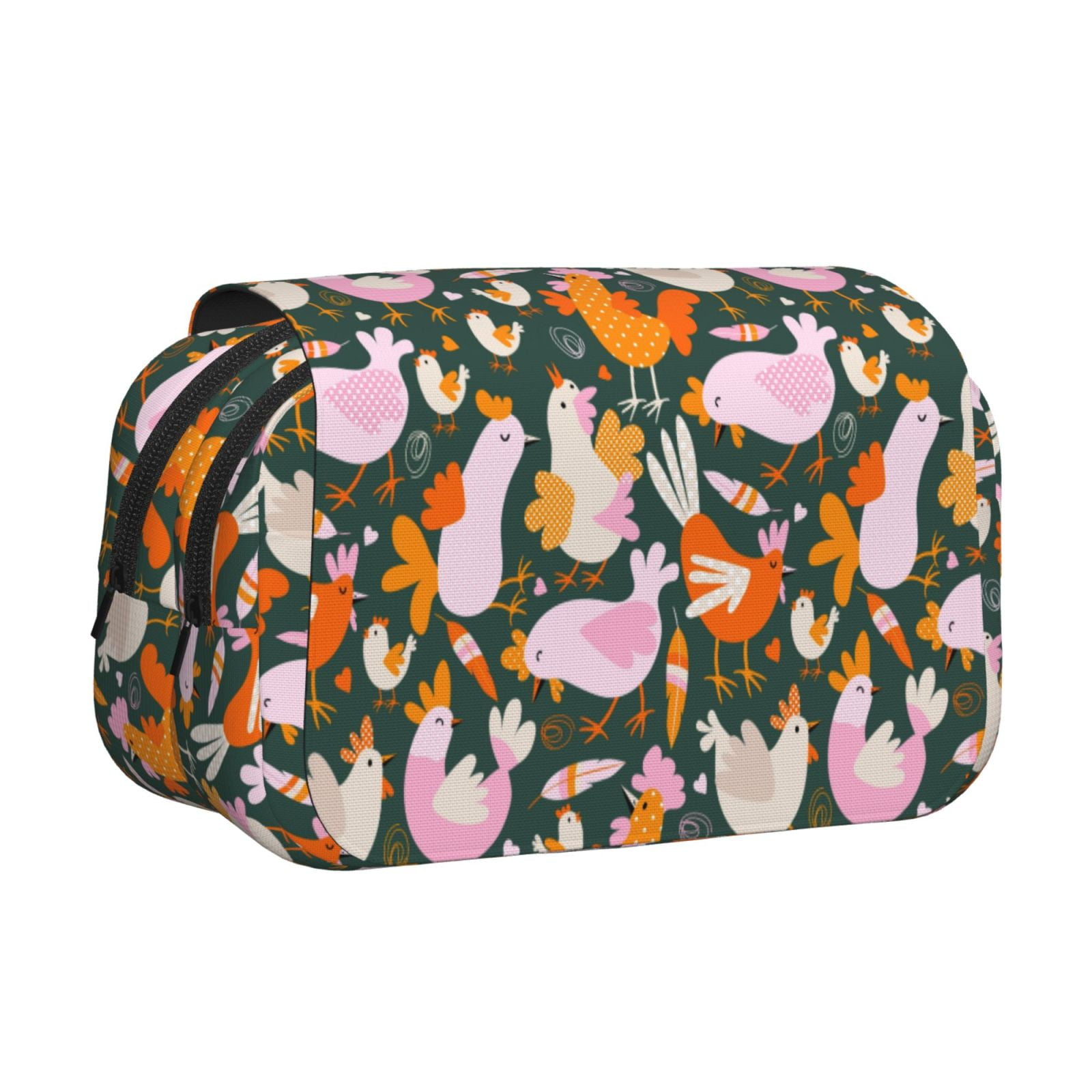 Rateoe Roosters and Chicks Pattern Double Clamshell Pen Case, Storage Organizer with Two Zipper Compartments– Holds Up to 50 Pencils & Pens