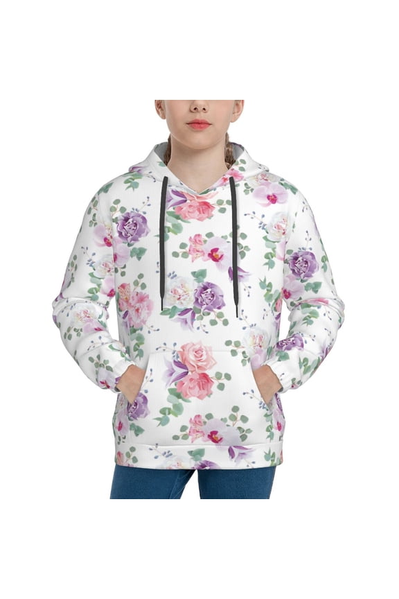 Rose Flower B Pattern Boys Hoodie, Youth Pullover Hooded Sweatshirt, Kangaroo Pocket Hoodie for Kids-Medium