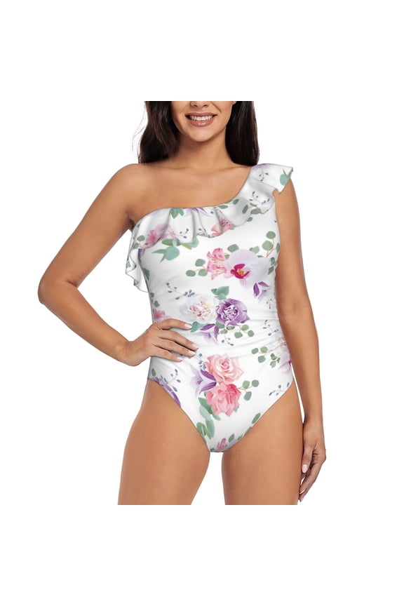 Rose Flower B Pattern Women One Piece Swimsuits Tummy Control One Shoulder Bathing Suits Ruffle Swimwear-