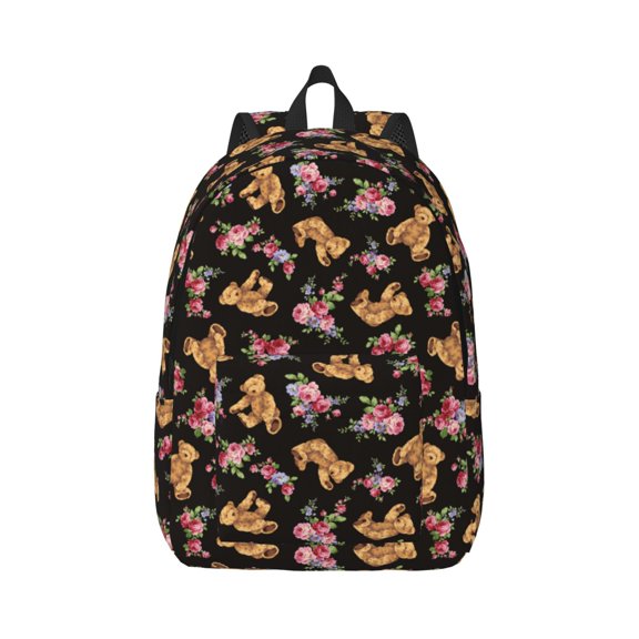 Rateoe Rose Flower Bear Pattern Canvas College Laptop Backpack,Travel Daypack,Durable Rucksack Travel Notebook Bag School Backpack Book Bag for Men Women-Small