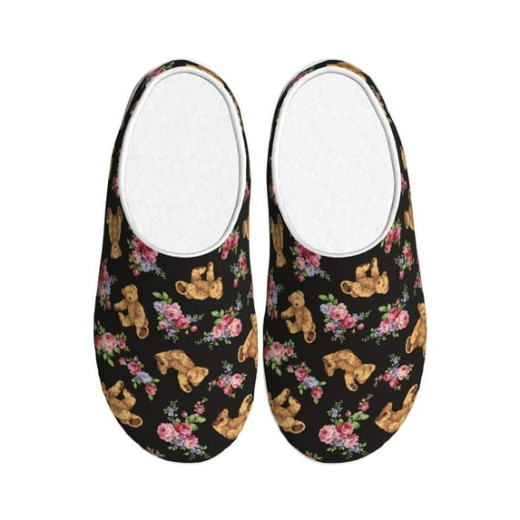 Rateoe Rose Flower Bear Print Women's Men's Cotton Knit Slippers Lightweight Memory Foam Indoor House Shoes with Anti-Skid Sole-44/45