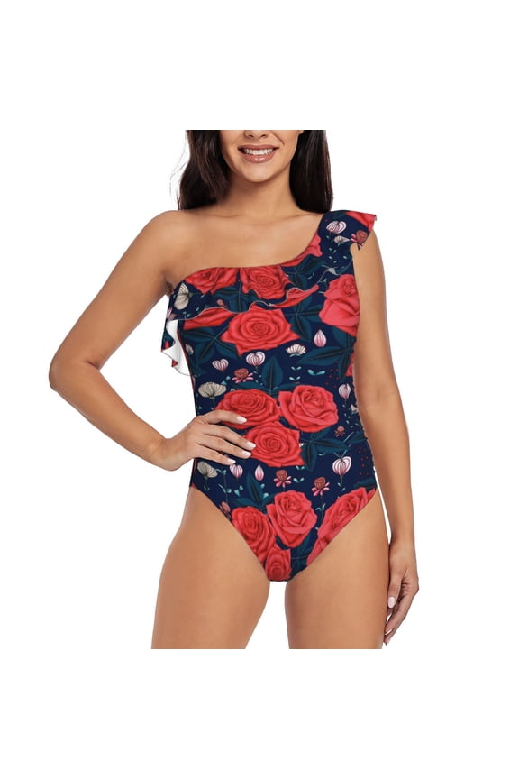 Rose Flower Pattern Women One Piece Swimsuits Tummy Control One Shoulder Bathing Suits Ruffle Swimwear-Medium