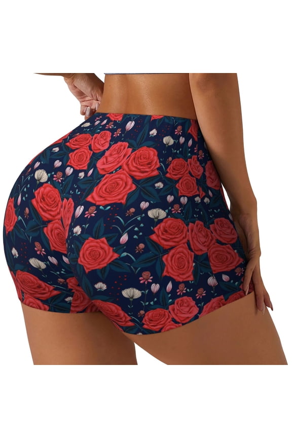 Rose Flower Printed Power Workout Shorts for Women Tummy Control Squat Proof Ribbed Thick Seamless Scrunch Active Short-Medium