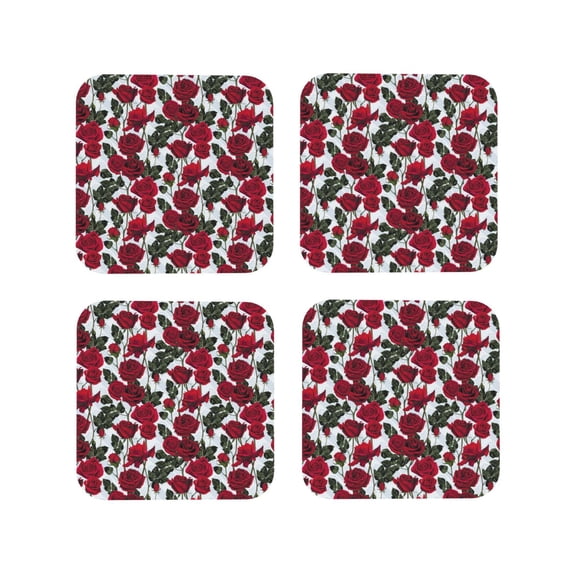 Rateoe Rose Flowers Drawing Drink Coasters Set of 4 Leather Coasters Spill Protection for Table Desk,Durable and Non Slip Leather Coaster ,4 Inches Drink Mats-Square