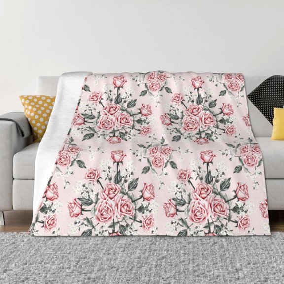 Rateoe Rose Flowers Pattern Flannel Throw Blanket, Ultra-soft Blanket for Bed, Couch, Car, Hypoallergenic Anti-pilling blanket-