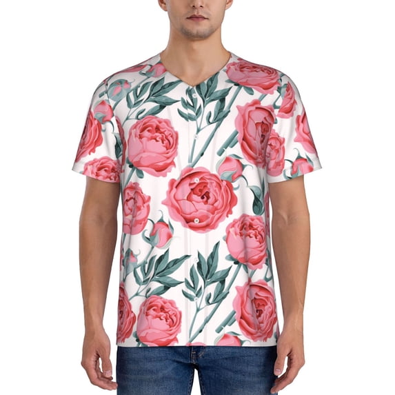 Rateoe Rose Flowers Pattern Men’s Baseball Short Sleeve Polo Shirt, Midweight Men's Shirt Golf Shirt Polo Shirts Quick Dry Short-Medium