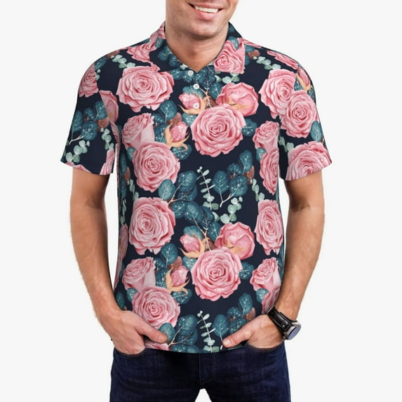 Rateoe Rose Flowers Pattern Men's Short Sleeve Polo Shirts, Golf Polo Shirts Short Sleeve Performance Moisture Wicking Dry-4X-Large