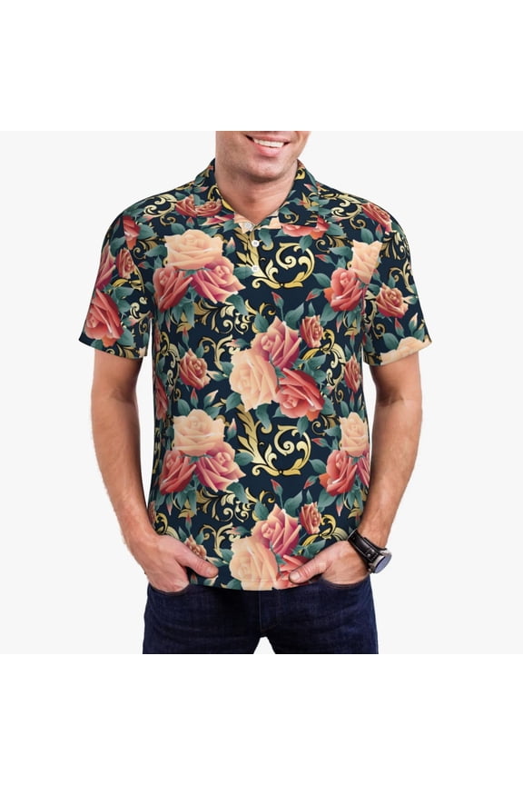 Rose Flowers Pattern Men's Short Sleeve Polo Shirts, Golf Polo Shirts Short Sleeve Performance Moisture Wicking Dry-4X-Large