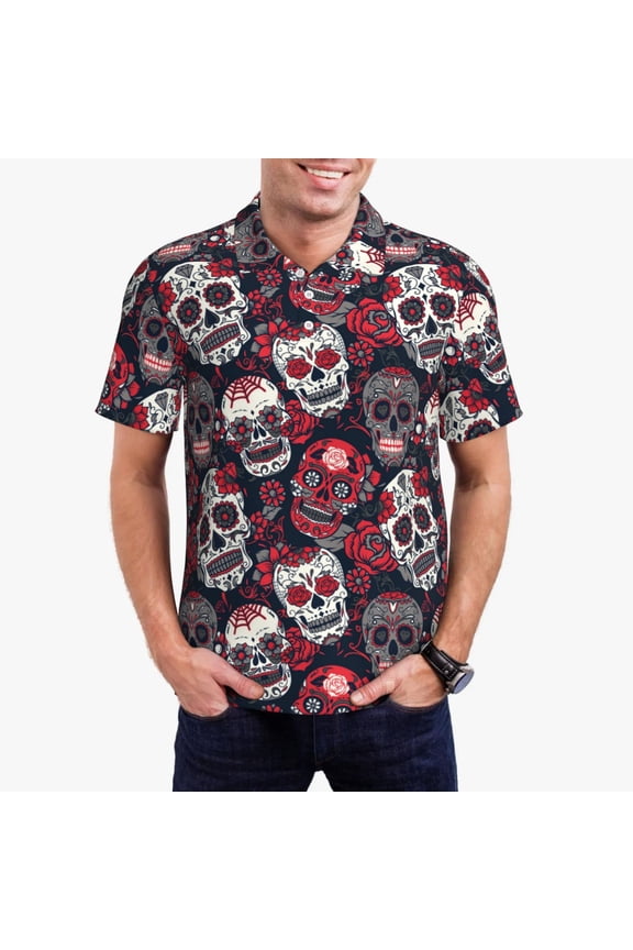 Rose Flowers Pattern Men's Short Sleeve Polo Shirts, Golf Polo Shirts Short Sleeve Performance Moisture Wicking Dry-Large