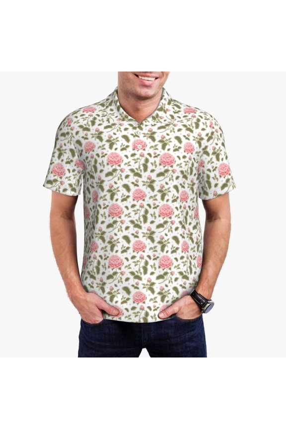 Rose Flowers Pattern Men's Short Sleeve Polo Shirts, Golf Polo Shirts Short Sleeve Performance Moisture Wicking Dry-Large