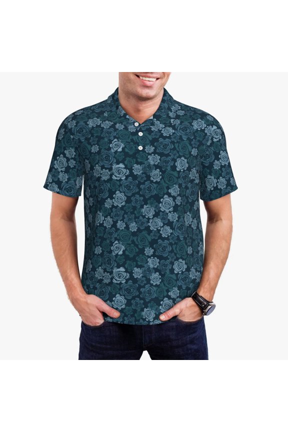 Rose Flowers Pattern Men's Short Sleeve Polo Shirts, Golf Polo Shirts Short Sleeve Performance Moisture Wicking Dry-Large