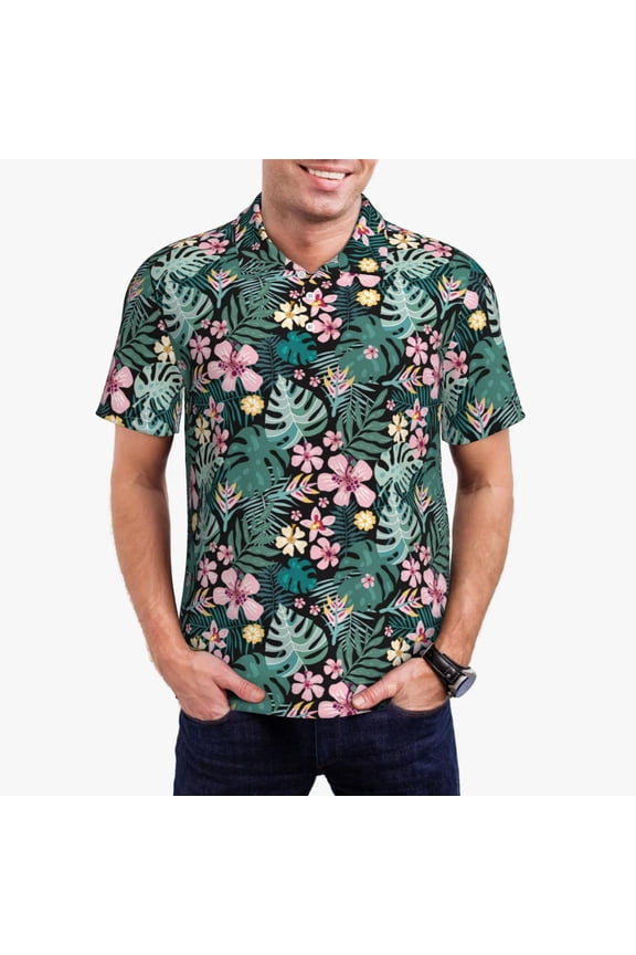 Rose Flowers Pattern Men's Short Sleeve Polo Shirts, Golf Polo Shirts Short Sleeve Performance Moisture Wicking Dry-Large