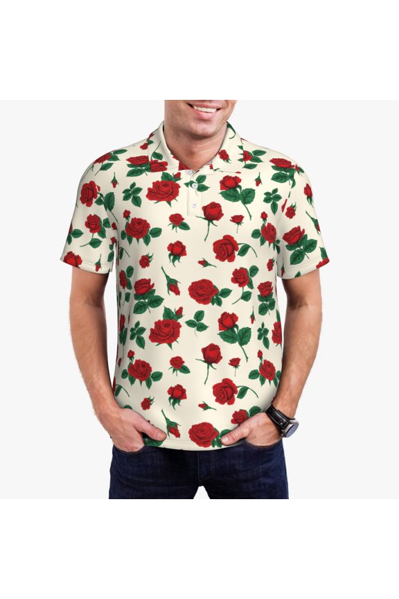 Rose Flowers Pattern Men's Short Sleeve Polo Shirts, Golf Polo Shirts Short Sleeve Performance Moisture Wicking Dry-Large