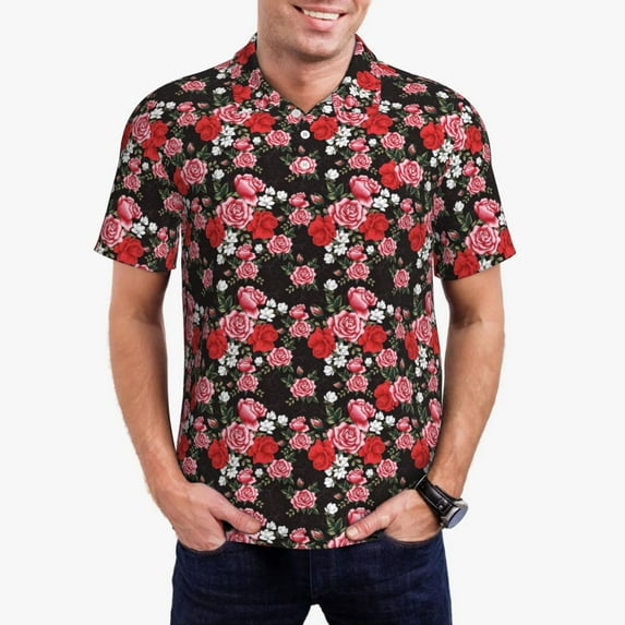 Rateoe Rose Flowers Pattern Men's Short Sleeve Polo Shirts, Golf Polo Shirts Short Sleeve Performance Moisture Wicking Dry-Large