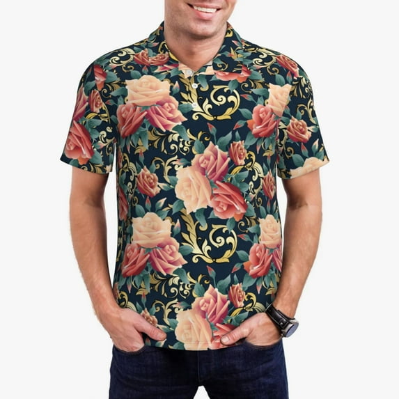 Rateoe Rose Flowers Pattern Men's Short Sleeve Polo Shirts, Golf Polo Shirts Short Sleeve Performance Moisture Wicking Dry-Large