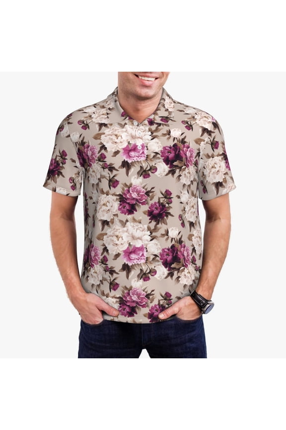Rose Flowers Pattern Men's Short Sleeve Polo Shirts, Golf Polo Shirts Short Sleeve Performance Moisture Wicking Dry-Medium