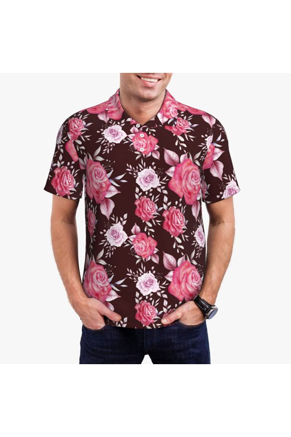 Rose Flowers Pattern Men's Short Sleeve Polo Shirts, Golf Polo Shirts Short Sleeve Performance Moisture Wicking Dry-Medium