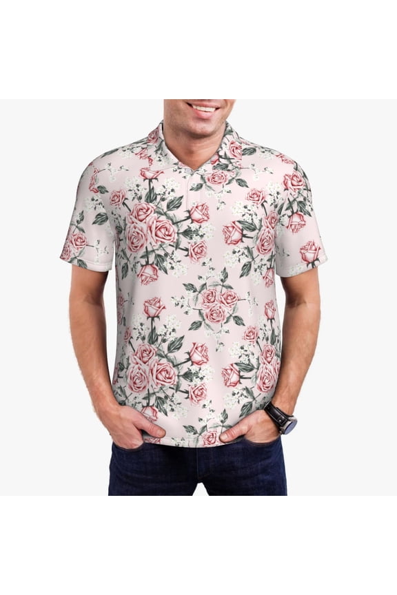 Rose Flowers Pattern Men's Short Sleeve Polo Shirts, Golf Polo Shirts Short Sleeve Performance Moisture Wicking Dry-Small