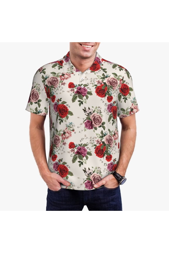 Rose Flowers Pattern Men's Short Sleeve Polo Shirts, Golf Polo Shirts Short Sleeve Performance Moisture Wicking Dry-Small