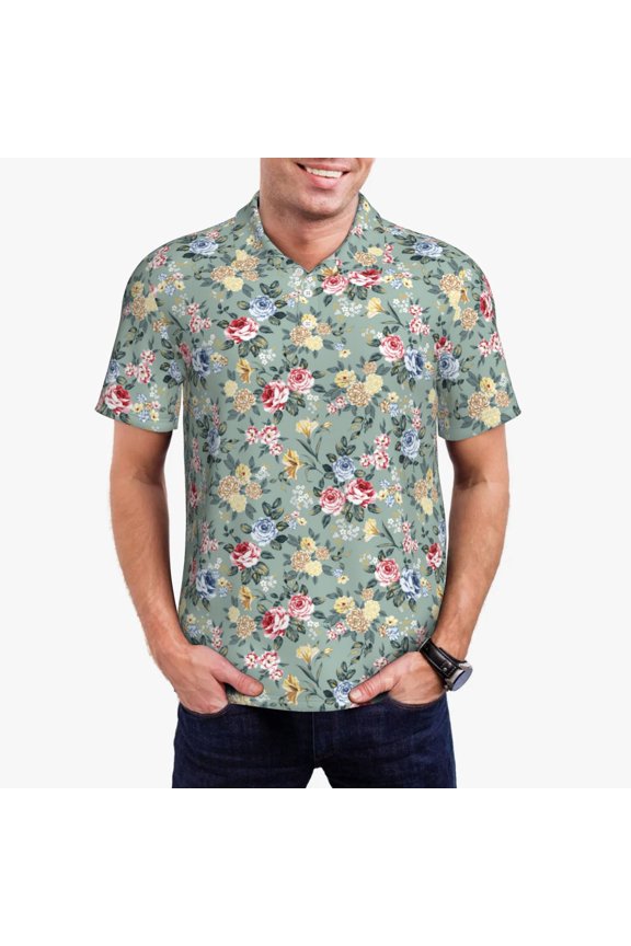 Rose Flowers Pattern Men's Short Sleeve Polo Shirts, Golf Polo Shirts Short Sleeve Performance Moisture Wicking Dry-Small
