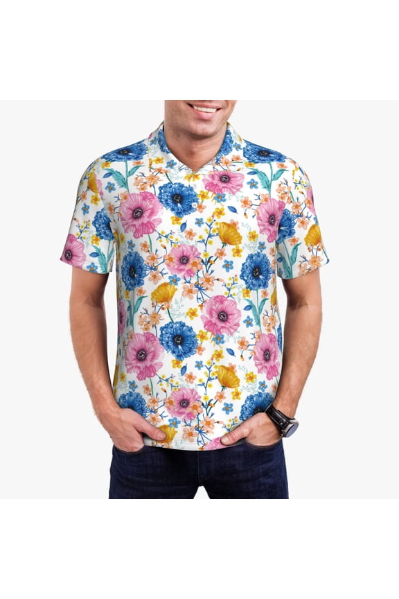 Rose Flowers Pattern Men's Short Sleeve Polo Shirts, Golf Polo Shirts Short Sleeve Performance Moisture Wicking Dry-Small