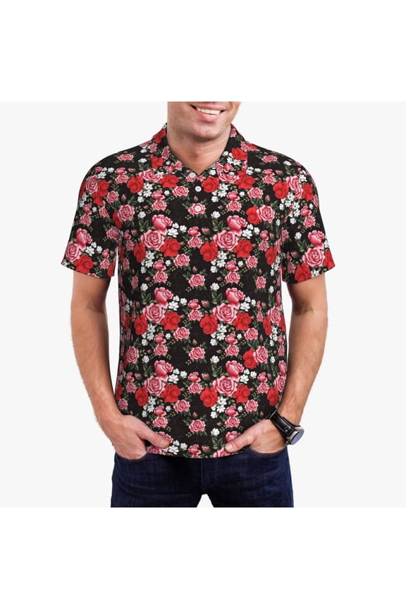 Rose Flowers Pattern Men's Short Sleeve Polo Shirts, Golf Polo Shirts Short Sleeve Performance Moisture Wicking Dry-Small