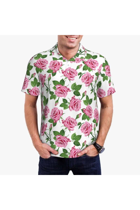Rose Flowers Pattern Men's Short Sleeve Polo Shirts, Golf Polo Shirts Short Sleeve Performance Moisture Wicking Dry-Small
