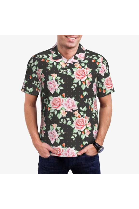 Rose Flowers Pattern Men's Short Sleeve Polo Shirts, Golf Polo Shirts Short Sleeve Performance Moisture Wicking Dry-Small