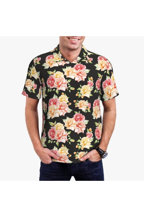 Rose Flowers Pattern Men's Short Sleeve Polo Shirts, Golf Polo Shirts Short Sleeve Performance Moisture Wicking Dry-X-Large