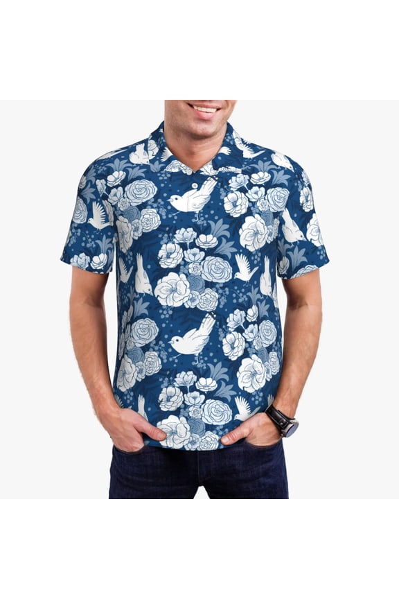 Rose Flowers Pattern Men's Short Sleeve Polo Shirts, Golf Polo Shirts Short Sleeve Performance Moisture Wicking Dry-XX-Large