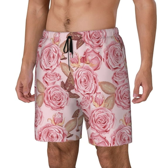 Rateoe Rose Flowers Pattern Men’s Swim Shorts with Compression Liner – Double-Layered Quick-Dry Swimwear, Comfortable & Stretchy Beach Shorts-Medium