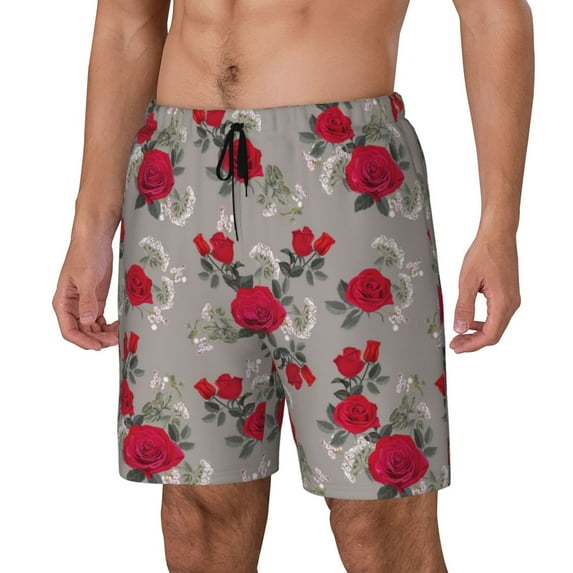 Rateoe Rose Flowers Pattern Men’s Swim Shorts with Compression Liner – Double-Layered Quick-Dry Swimwear, Comfortable & Stretchy Beach Shorts-Small